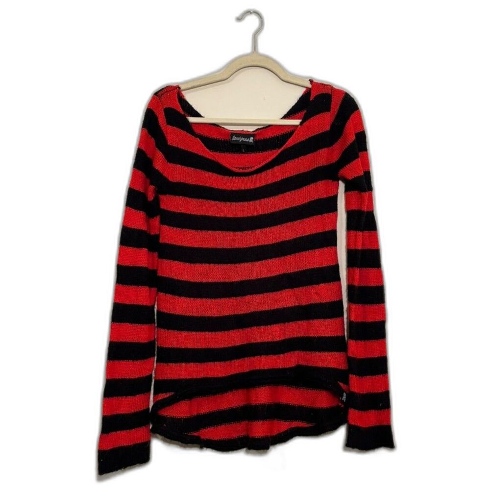 Sourpuss Red Black Striped Fuzzy Knit Sweater Wide Neck Punk Emo Grunge Size L